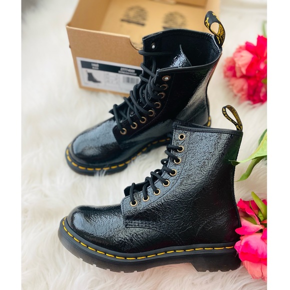 Dr. Martens 1460 Distressed Patent Black Lace Up Boots - Picture 4 of 12